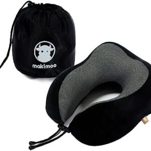 Makimoo Memory Foam Travel Pillow, Neck Pillow with 360-Degree Head Support, Comfortable and Lightweight, Ideal for Sleeping on Airplane, Car, Train, Bus and Home Use, Comes with Storage Bag (Black)