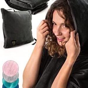 MasterManner Travel Blanket Airplane Compact with Hoodie – 2in1 Airplane Travel Accessories from Plane Blanket to Travel Pillow with Luggage Strap, Soft Handle & Secure Pocket