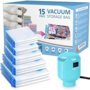 kissleaf Vacuum Storage Bags for Travel with Electric Air Pump,15 Pack(3 Jumbo,3 Large,3 Medium,3 Small,3 Roll Up Bags) Double Zip Seal Space Saver Bag for Comforters,Clothes,Mattress,Blanket, Duvets